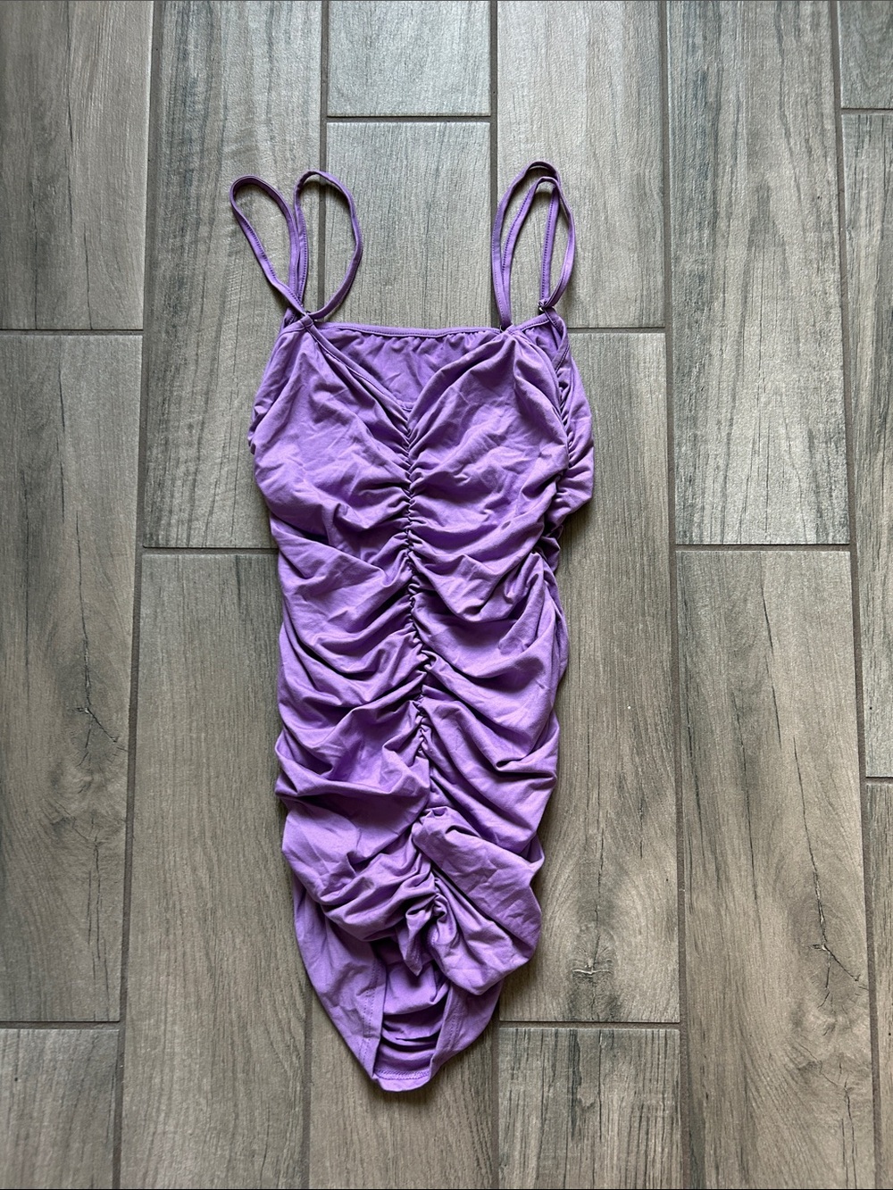 Ruched Purple Mini Dress with Spaghetti Straps